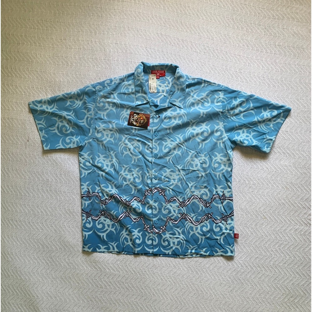 VTG Y2K‎ JNCO Jeans Mens Camp Shirt Snake Tribal Barbed Wire Multicolor 2XL NWT